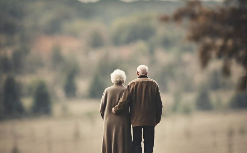 un couple de retraités de dos, marchant ensemble dans la campagne