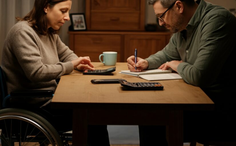 un couple sur la table du salon, calcule avec sa calculette et quelques papiers. La femme est en fauteuil roulant